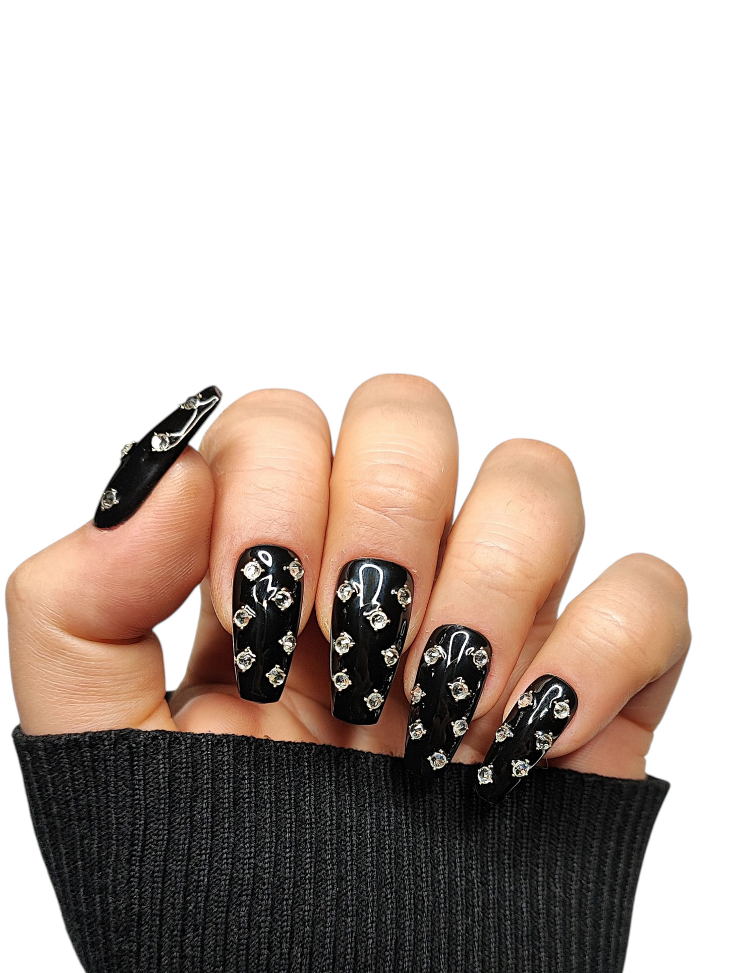 Schwarze Glam Press‑On Nails mit Kristallsteinen |MEVANAILS