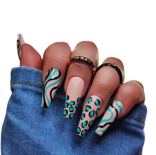 Press On Nails Türkis Leopard – Türkise Leoparden-Nägel mit Gel von MEVANAILS